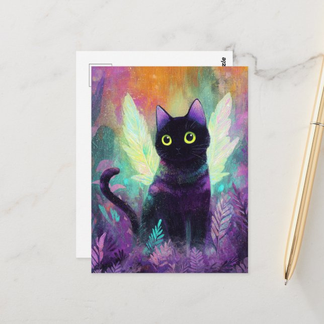 Carte Postale Chat Noir Avec Ailes d'Ange (Devant/Arrière en situation)