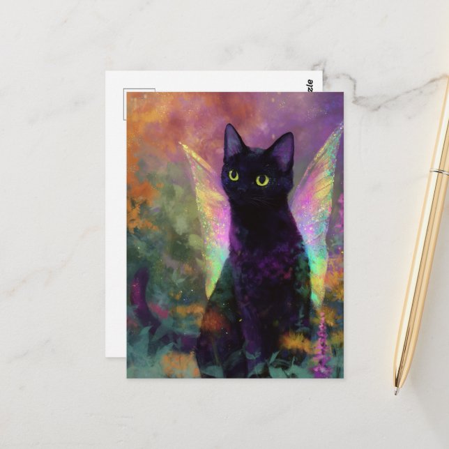 Carte Postale Chat Noir Avec Ailes de Fée (Devant/Arrière en situation)