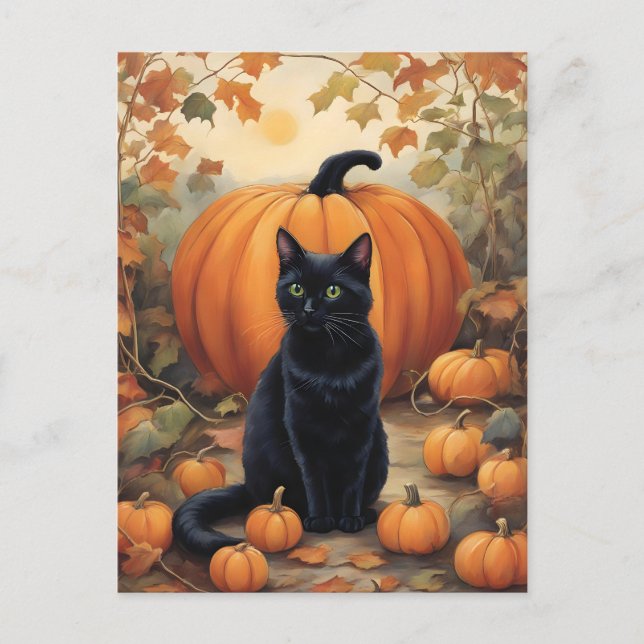 Carte Postale Chat noir avec Citrouille Halloween (Devant)