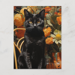 Carte Postale Chat Noir Avec Fleurs Oranges