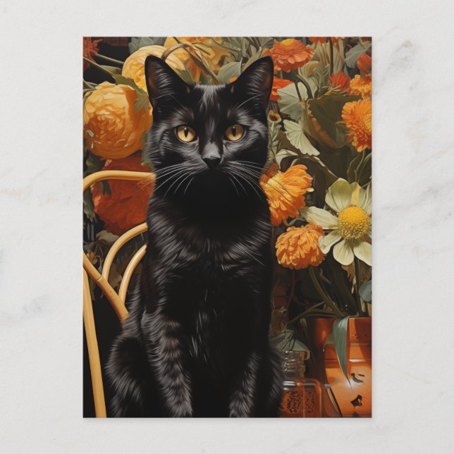 Carte Postale Chat Noir Avec Fleurs Oranges (Devant)