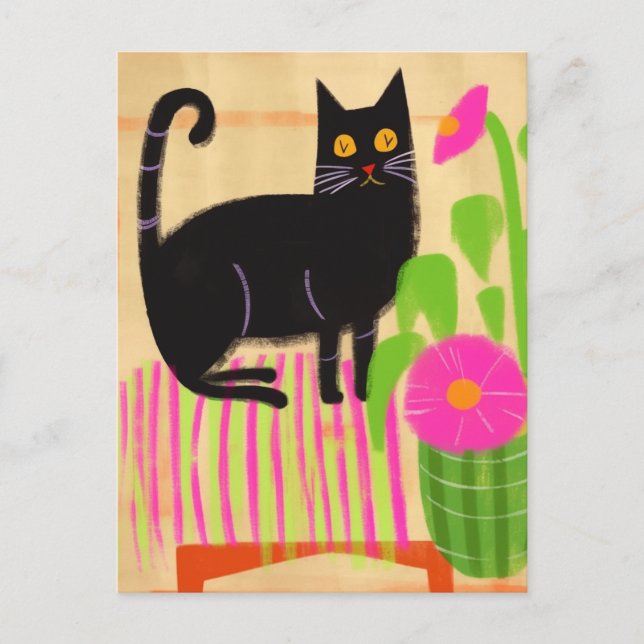 Carte Postale Chat Noir Avec Fleurs Roses (Devant)