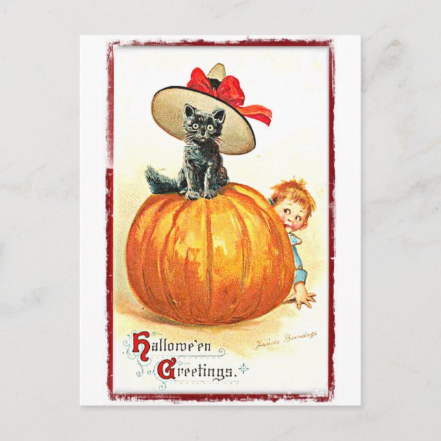 Carte Postale Chat noir avec Halloween Vintage Casquette (Devant)