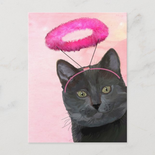 Carte Postale Chat Noir Avec Halo Angel Rose (Devant)