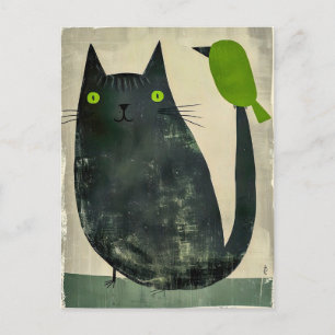 Carte Postale Chat noir avec oiseau vert sur la queue