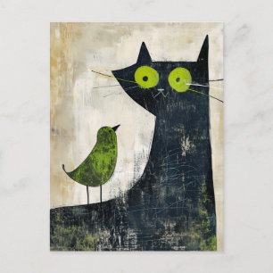 Carte Postale Chat noir avec oiseau vert sur le dos