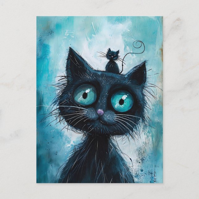 Carte Postale Chat noir avec petit chat sur la tête (Devant)