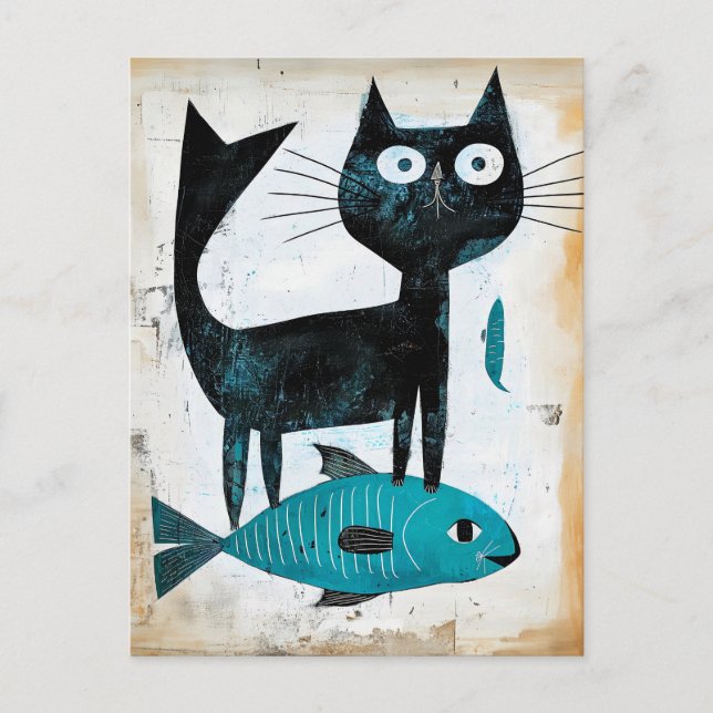 Carte Postale Chat noir avec poisson bleu (Devant)