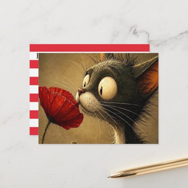 Carte postale Chat Noir & Blanc Fleur Rouge Rayure (Devant/Arrière en situation)
