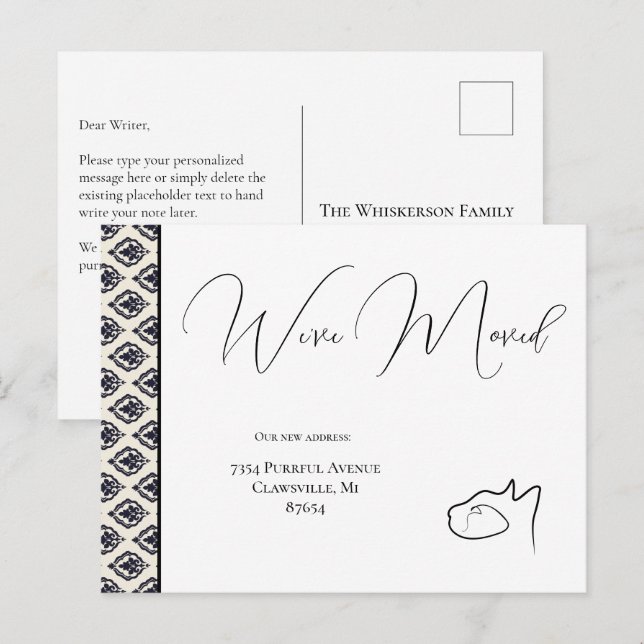 Carte Postale Chat Noir & Blanc Nous avons déménagé, Changement  (Devant / Derrière)