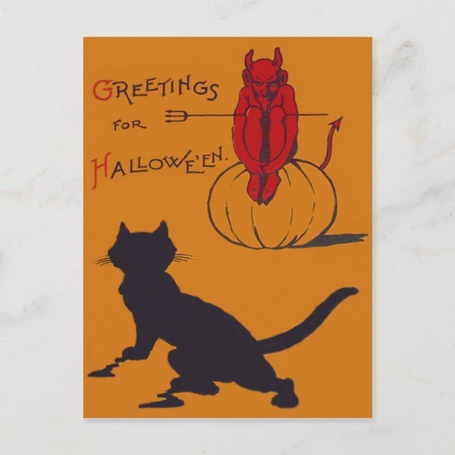 Carte Postale Chat Noir Citrouille Diable Démon Fourche à Trois  (Devant)