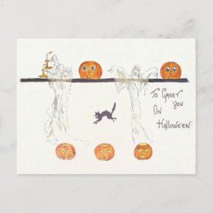 Carte Postale Chat noir Citrouille Ghost Jack-o'-lantern