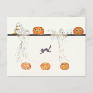 Carte Postale Chat noir Citrouille Ghost Jack-o'-lantern