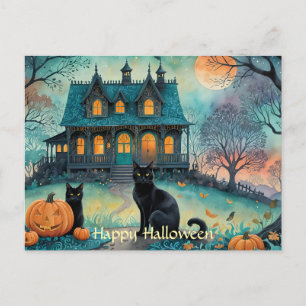 Carte Postale Chat noir, citrouilles, maison hantée Halloween