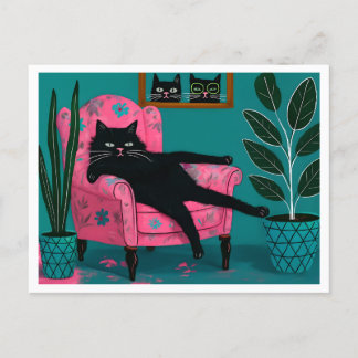 Carte Postale Chat noir cool Lounge dans fauteuil rose