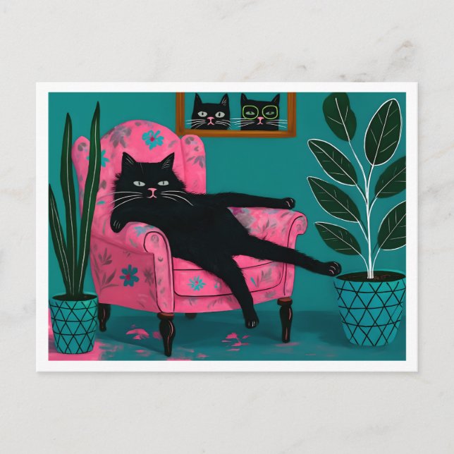 Carte Postale Chat noir cool Lounge dans fauteuil rose (Devant)