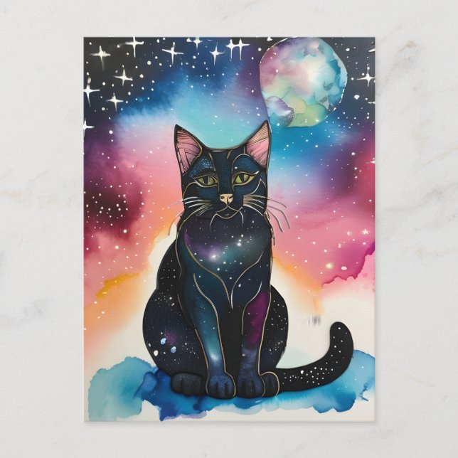 Carte Postale Chat noir dans l'aquarelle de nuit (Devant)