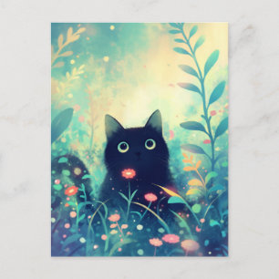 Carte Postale Chat noir dans le jardin magique de fleurs sauvage