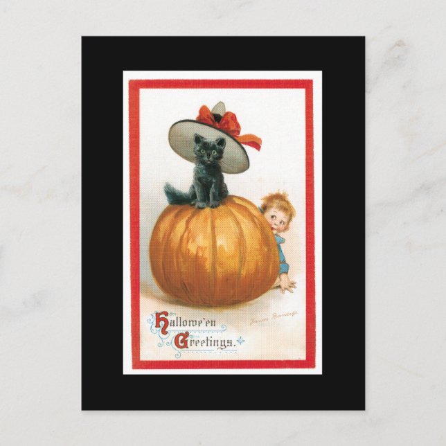 Carte Postale Chat noir dans une Halloween Casquette (Devant)