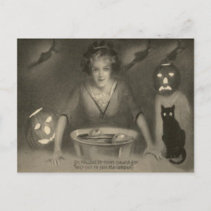 Carte Postale Chat noir de citrouille à la sepia cherchant des p
