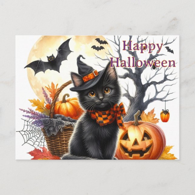 Carte Postale Chat noir d'Halloween (Devant)