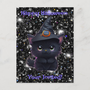 Carte Postale Chat noir d'Halloween blanc mignon