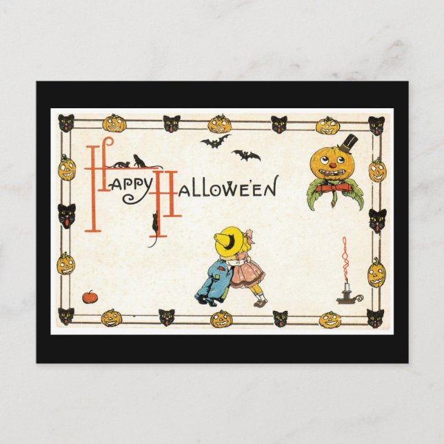 Carte Postale Chat noir d'Halloween et Citrouille (Devant)