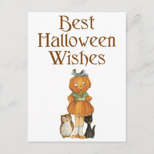 Carte Postale Chat noir d'Halloween, fille et hibou Citrouille