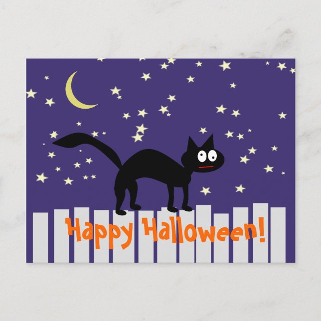 Carte Postale Chat noir d'Halloween sur clôture (Devant)