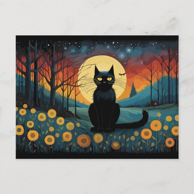 Carte Postale Chat Noir D'Halloween Sur La Pleine lune De Pré (Devant)