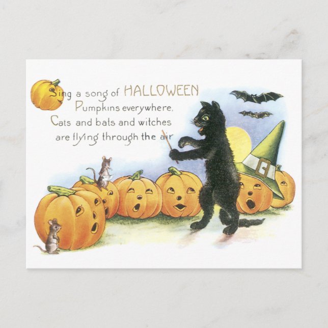 Carte Postale Chat noir dirigeant la chorale de citrouilles de H (Devant)