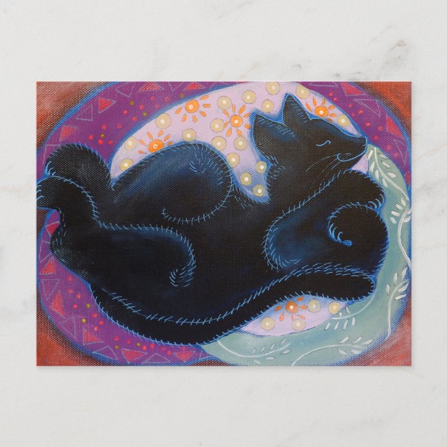 Carte Postale Chat Noir. Dormir. (Devant)