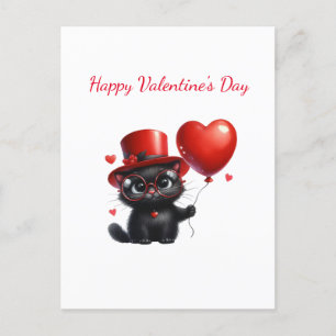 Carte Postale Chat noir drôle avec ballons Saint-Valentin