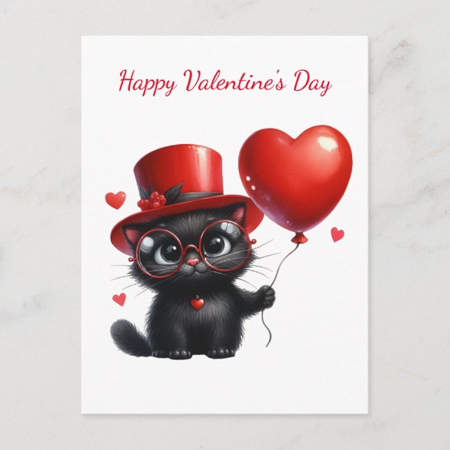 Carte Postale Chat noir drôle avec ballons Saint-Valentin (Devant)
