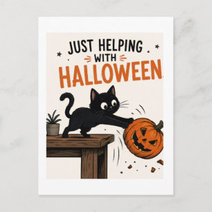 Carte Postale Chat noir drôle renversant une citrouille Hallowee
