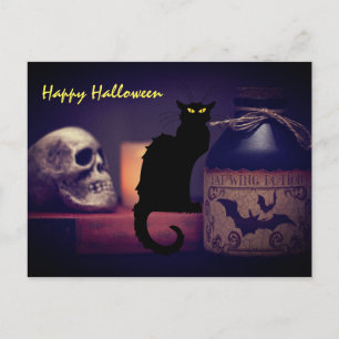 Carte Postale Chat noir effrayant et crâne Halloween heureux