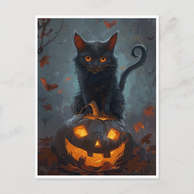 Carte Postale Chat noir éffrayant Halloween Imprimantes et cadea (Devant)