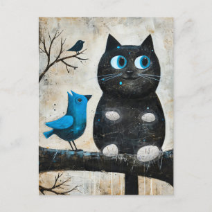 Carte Postale Chat noir effrayé et oiseau bleu sur la branche