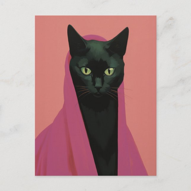 Carte Postale Chat Noir Élégant en Rose (Devant)