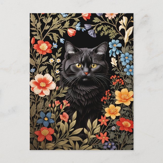 Carte Postale Chat Noir Élégant Fleurs Colorées (Devant)