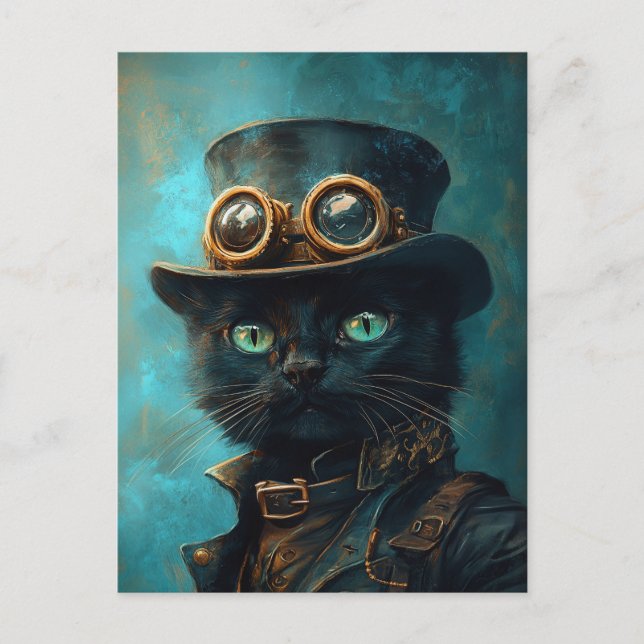 Carte Postale Chat noir en costume Steampunk (Devant)
