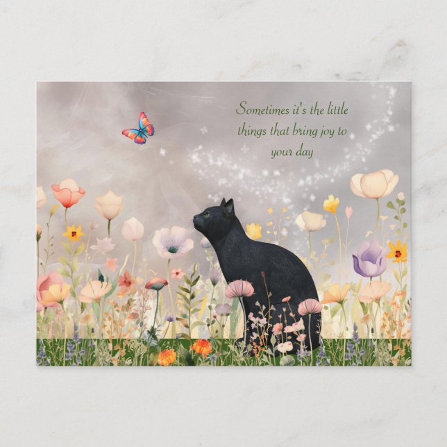 Carte Postale Chat noir en fleurs (Devant)