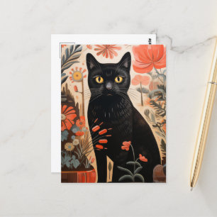 Carte Postale Chat noir en Plante