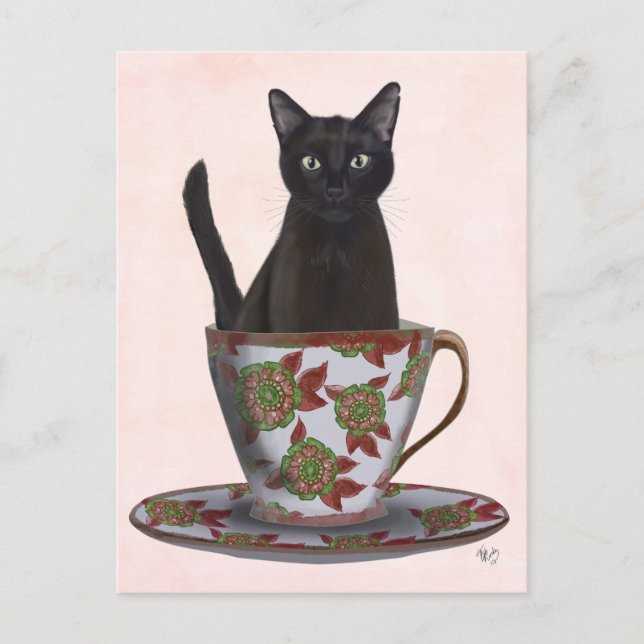 Carte Postale Chat noir en Teacup (Devant)