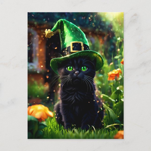 Carte Postale Chat noir en vert St. Patrick's Day sorch Casquett (Devant)