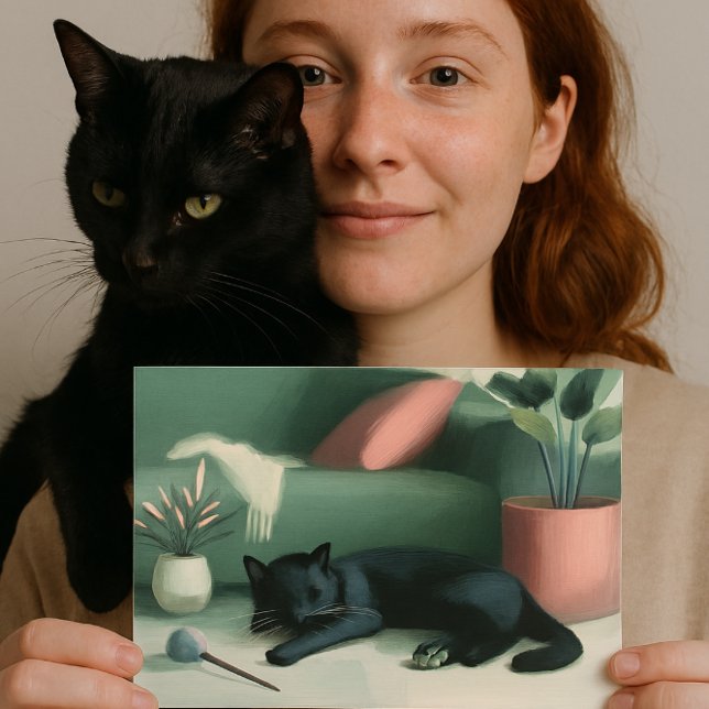Carte Postale Chat noir endormi / Rêves d'herbe à chat  (“For the ones who carry love on their shoulders. A postcard for black cat lovers. AI created)