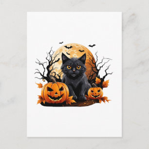 Carte Postale Chat noir entouré de citrouilles