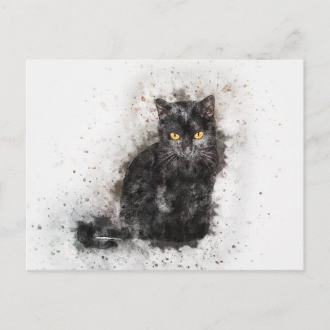Carte Postale Chat noir et blanc à l'aquarelle (Devant)