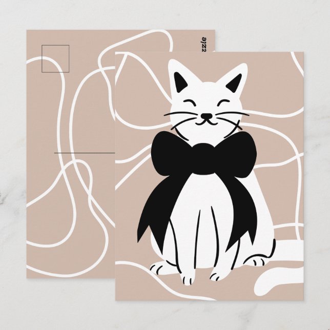 Carte Postale Chat noir et blanc avec ligne abstraite  (Devant / Derrière)