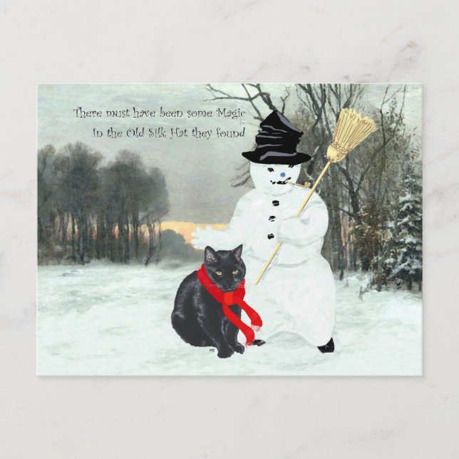 Carte Postale Chat noir et bonhomme de neige (Devant)
